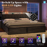 AMERLIFE King Size Lift Up Bed Frame with Linen Upholstered & LED Light & Storage Headboard, Platform Bed Frame with Charging Station, No Box Spring Needed, Noisy Free, Rustic Grey AMERLIFE