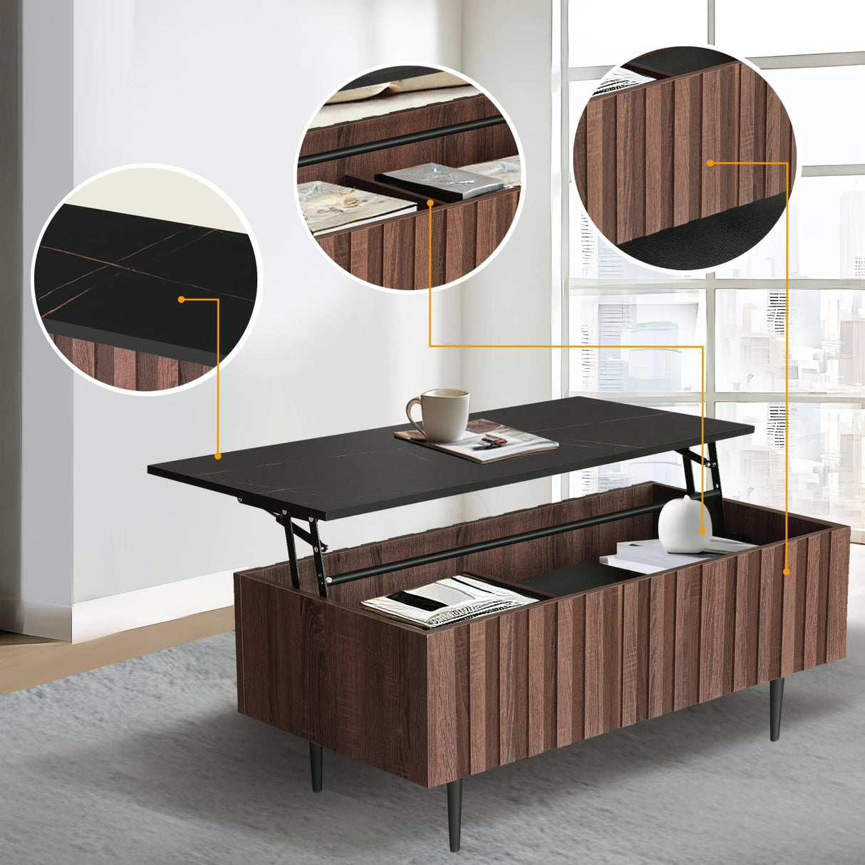 GIA Home Furniture Series 40" Lift-Top Coffee Table with Hidden Storage Compartments, Fluted Coffee Center Table for Living Room, Home Office, Black Marble Walnut GIA