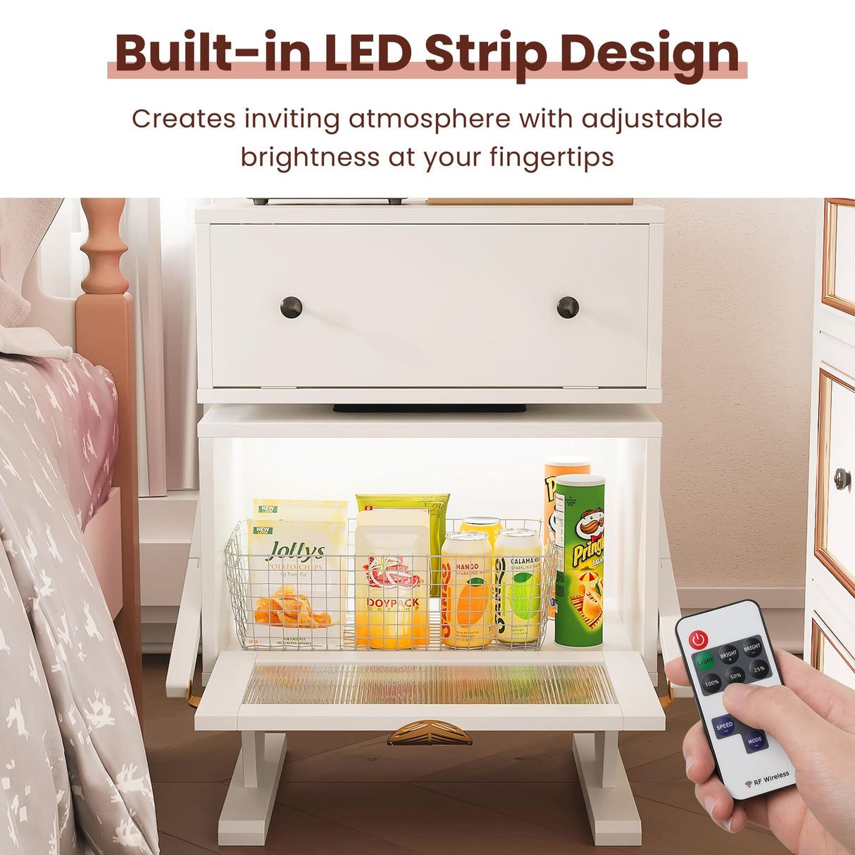 RoyalCraft Nightstand with LED Light Strips, White End Table with 360° Rotating Drawer, Modern Bedside Table with Glass Door Storage, Wood Night Stand Cabinet for Bedroom, Home Office, White RoyalCraft