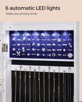 SONGMICS Hanging Jewelry Cabinet, Wall-Mounted Cabinet with LED Interior Lights, Door-Mounted Jewelry Organizer, Full-Length Mirror, Gift Idea, White UJJC99WT SONGMICS