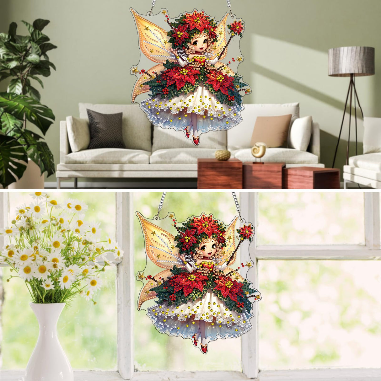 MXJSUA Cute Christmas Fairy Special Shaped Hanging Diamond Painting Art Kits for Adults, Crystal Rhinestone Acrylic Gem Art Pendant Ornaments Kit for Home Decor and Gift 7.87 * 7.87 Inch MXJSUA