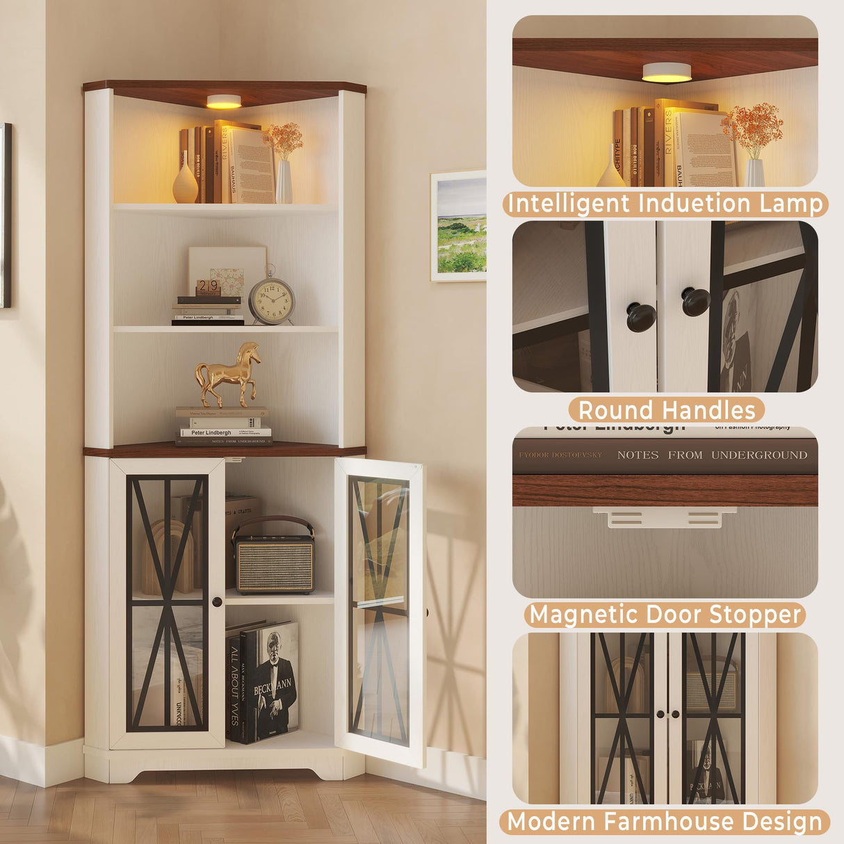 IRONCK 67" Tall Corner Bookcase with Magnetic Glass Doors,Wooden Corner Bookshelf with LED, Storage Cabinet for Home Office Living Room IRONCK