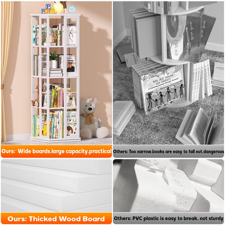 Aheaplus 360° Rotating Corner Bookshelf - Space-Saving Wood Bookcase for Small Spaces, White Aheaplus