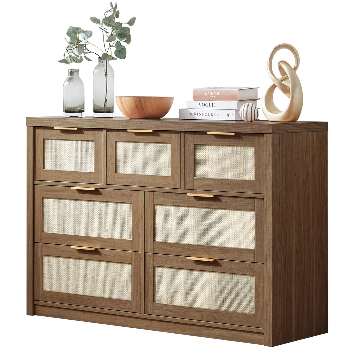 OAKHAM HOME 7 Drawers Dresser, Rattan Dresser TV Stand for Bedroom Closet, Wood Chests of Drawers with Metal Handle and Wide Drawers, 52.76" W x 17.71" D x 31.69" H OAKHAM HOME
