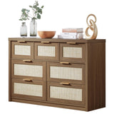 OAKHAM HOME 7 Drawers Dresser, Rattan Dresser TV Stand for Bedroom Closet, Wood Chests of Drawers with Metal Handle and Wide Drawers, 52.76" W x 17.71" D x 31.69" H OAKHAM HOME