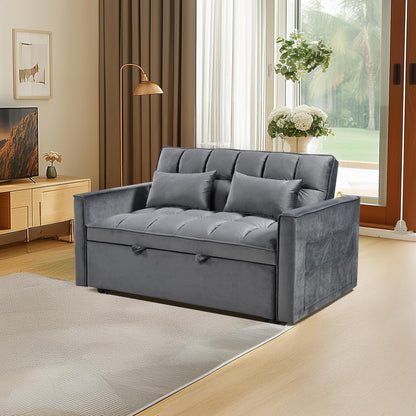 3 in 1 Convertible Sleeper Sofa Bed, Modern Velvet Loveseat Pull-out Sofa Couch w/Pullout Bed, Small Love Seat Lounge Sofa w/Reclining Backrest,Toss Pillows, Pockets, for Living Room (Grey, 55.1)