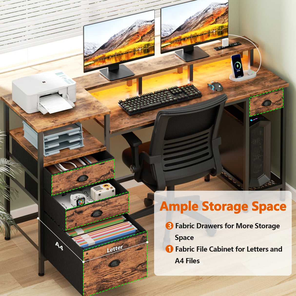 Furologee Computer Desk with Drawers, 60" Office Long Desk with Fabric File Cabinet and Power Outlets, Gaming Desk with LED Lights, Study Writing Work Desk for Home Office, Rustic Brown Furologee