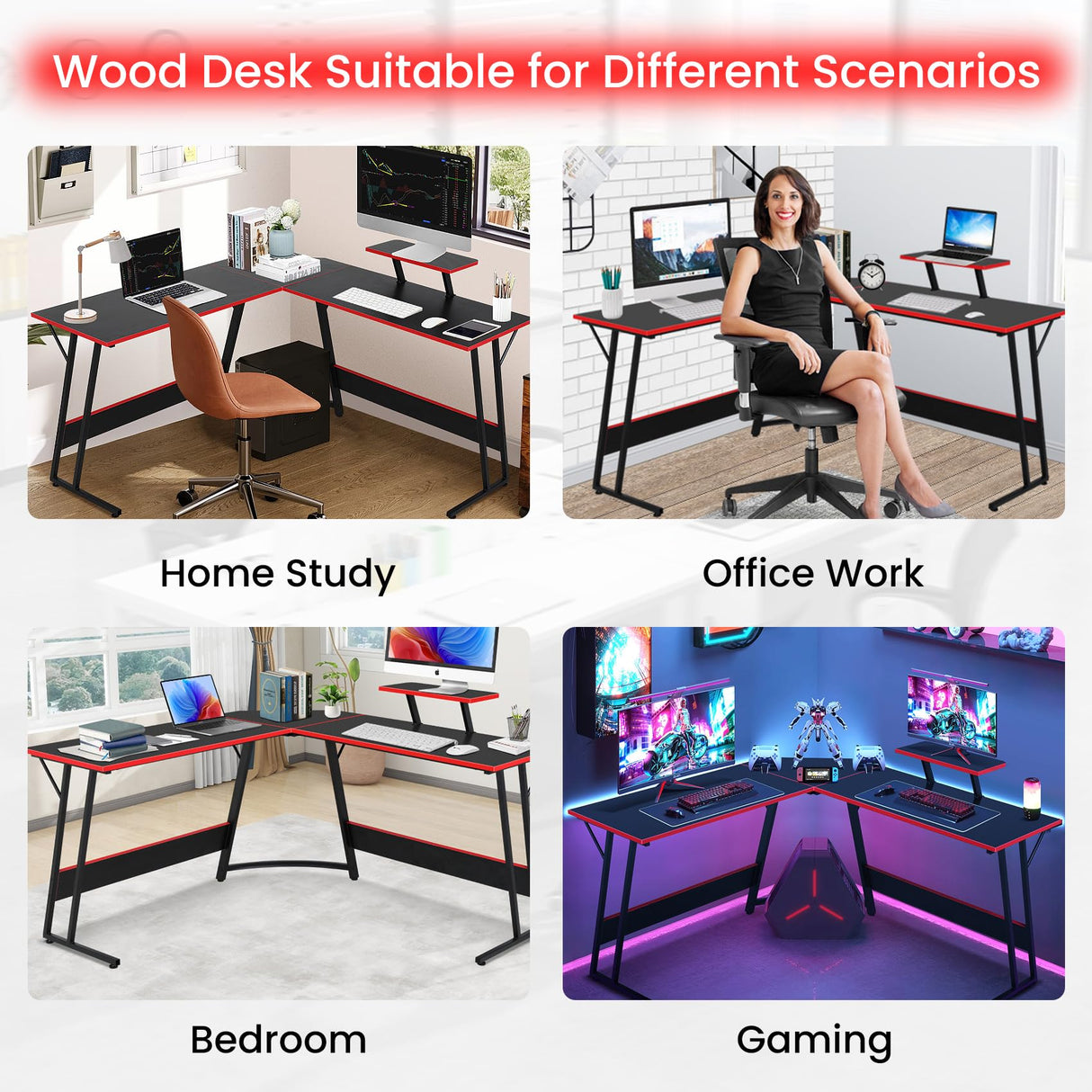 BLKMTY L Shaped Desk PC Gaming Desk Computer Desk with Monitor Stand Large Desktop Studying Executive Table Corner Desk Office Computer Table for Home Office Sturdy Writing Workstation, Pink BLKMTY