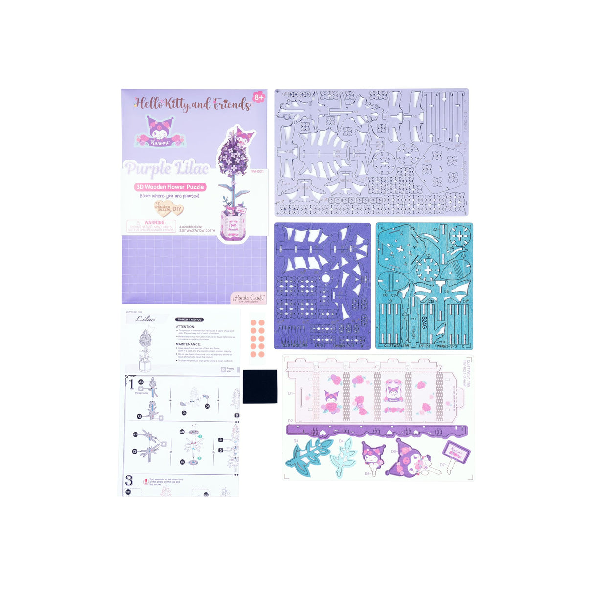 Hands Craft Lilac Hello Kitty and Friends Kuromi 3D Wooden Puzzle Kit | DIY Flower Model | Arts & Crafts for Adults & Kids | Creative Hobby Kits | Kuromi Character | Wood Building Set | Fun Gift Hands Craft