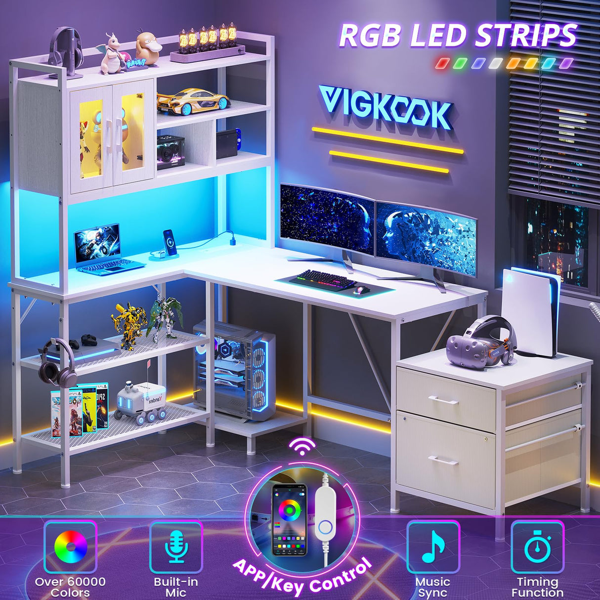 VIGKOOK L-Shaped Gaming Desk with Hutch & Power Outlet - 69.7in White Home Office Desk VIGKOOK