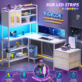VIGKOOK L-Shaped Gaming Desk with Hutch & Power Outlet - 69.7in White Home Office Desk VIGKOOK