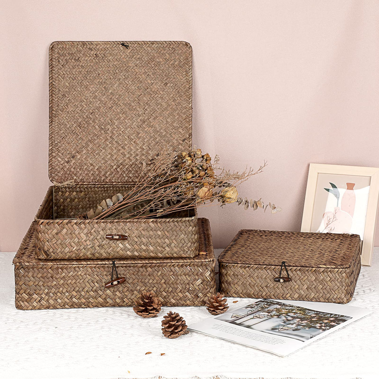 Hipiwe Flat Wicker Basket Bins with Lid - Set of 3 Handwoven Seagrass Storage Basket Shelf Baskets Boxes Multipurpose Home Organizer Bins Boxes for Shelf Pantry Closet,Large Size 14.8"x13" Coffee Hipiwe