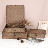 Hipiwe Flat Wicker Basket Bins with Lid - Set of 3 Handwoven Seagrass Storage Basket Shelf Baskets Boxes Multipurpose Home Organizer Bins Boxes for Shelf Pantry Closet,Large Size 14.8"x13" Coffee Hipiwe