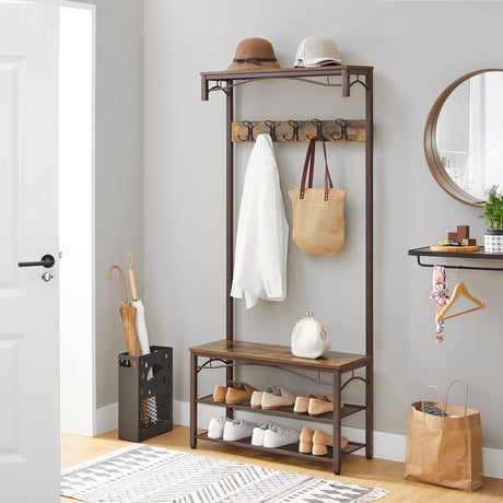 VASAGLE Coat Rack, 3-in-1 Hall Tree, Entryway Shoe Bench Coat Stand, Storage Shelves Accent Furniture Steel Frame Large Size, Industrial, Rustic Brown and Bronze UHSR45AX VASAGLE