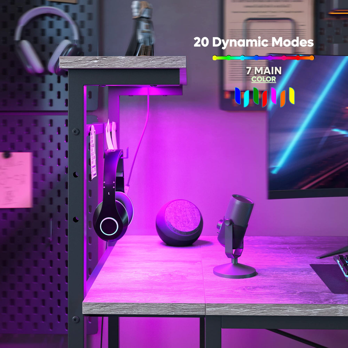 Bestier Gaming Desk with LED Lights, Computer Desk with 4 Tiers Reversible Shelves, 51.3 Inch Home Office Writing Desk with Side Storage Bag, Hooks and Height Adjustable Shelf (Retro Grey Oak) Bestier