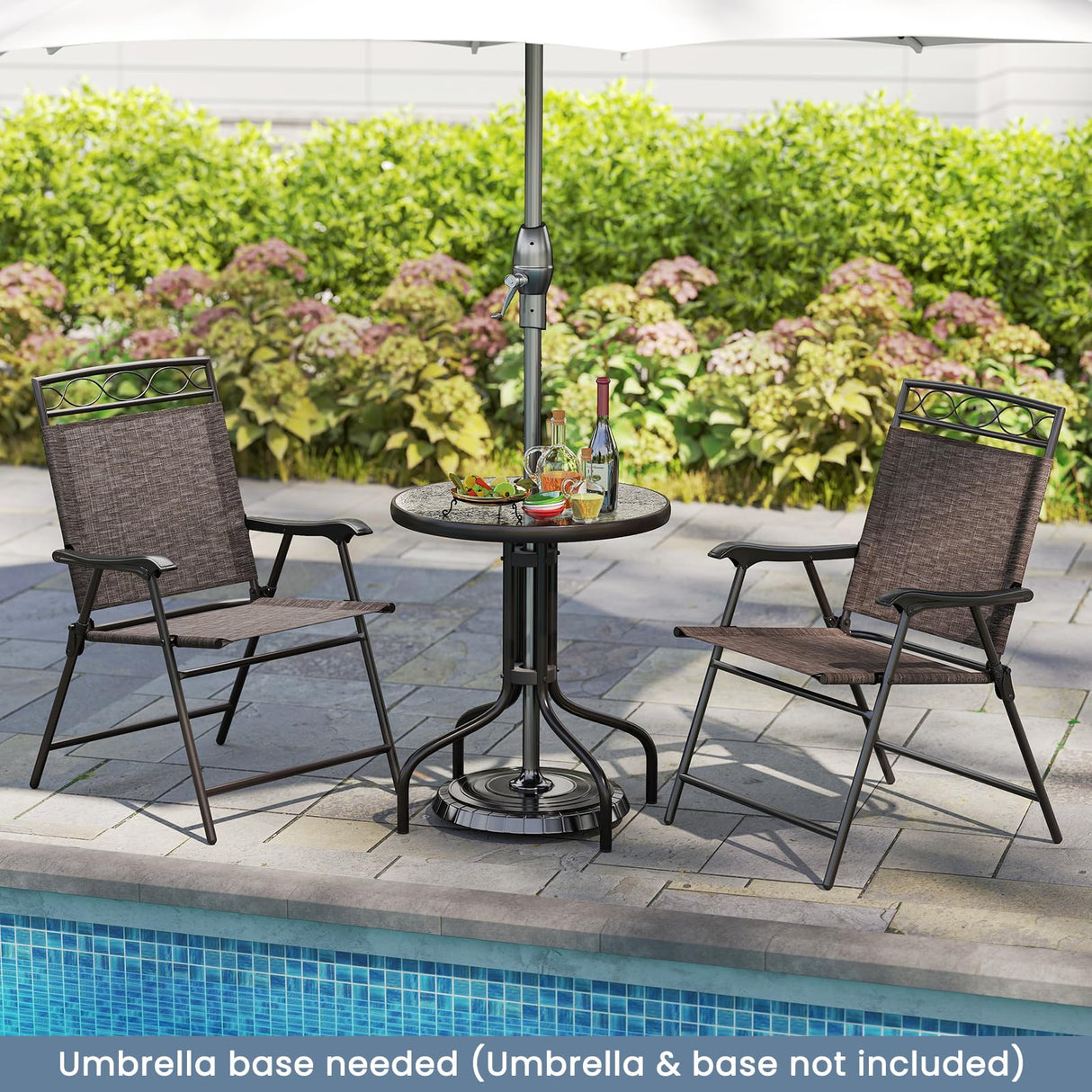 HAPPYGRILL 3 Pieces Patio Dining Set with Round Glass Table, Folding Chairs, Outdoor Chairs Table Set with Umbrella Hole for Garden Poolside Backyard HAPPYGRILL