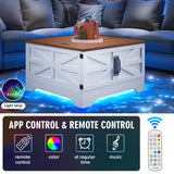 Farmhouse Coffee Table with Storage, Square Lift Top Coffee Table with LED light for Living Room,Small Modern Center Table with Wood Top and Barn Door for Small Space Bedroom Home Office(White Walnut) HAIOOU