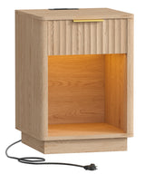 Akxomel Fluted Nightstand, Wooden Night Stand with Charging Station and LED Light, Modern Mid Century End Table with Drawer, 15" D x 15.7" W x 22.6" H, for Bedroom, Natural Oak Akxomel