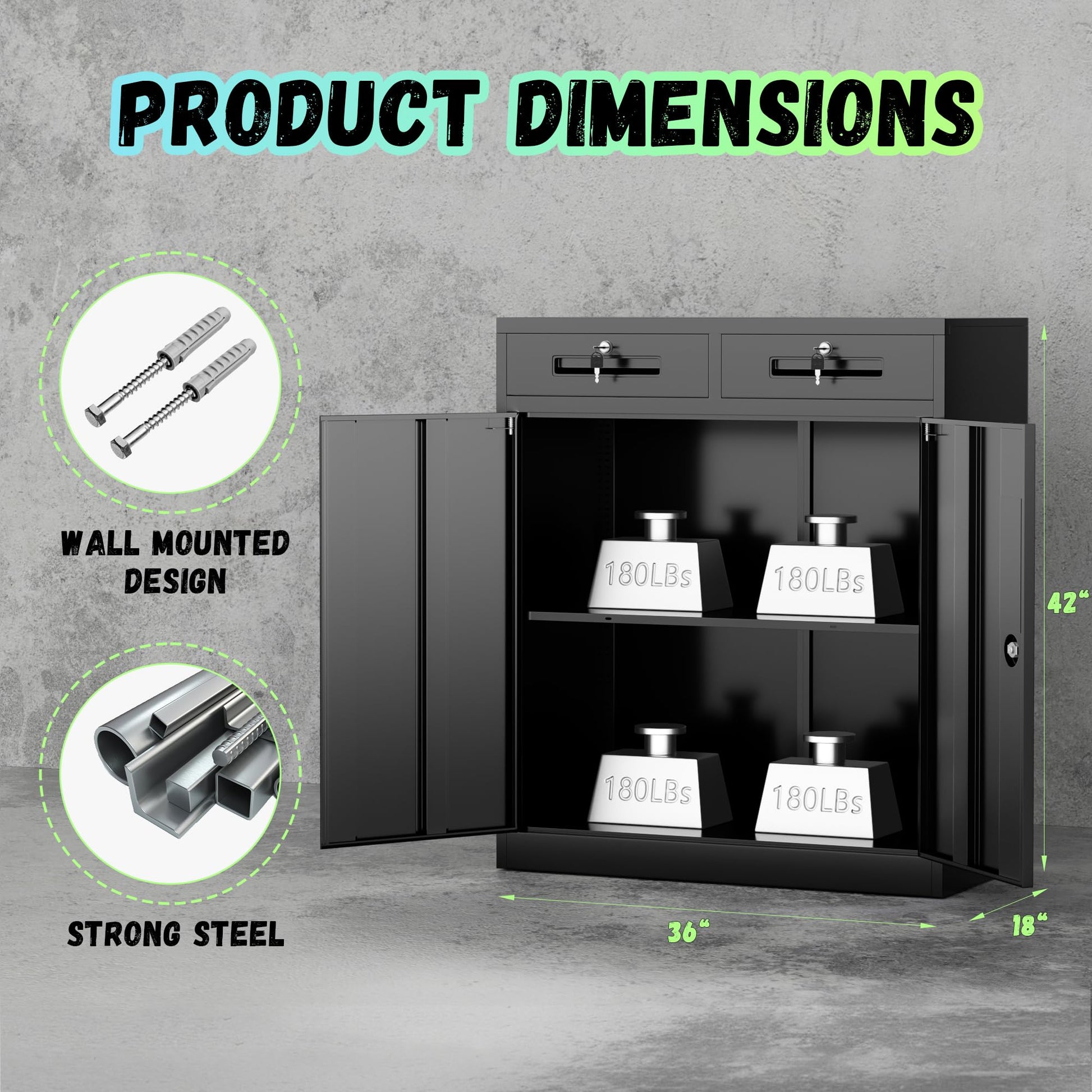 INTERGREAT Metal Storage Cabinet with Drawers, 42" Locking Steel Garage Cabinet with Doors and Adjustable Shelves, Lockable File Cabinets for Garage, School, Home Office, Classroom（Black） - WoodArtSupply