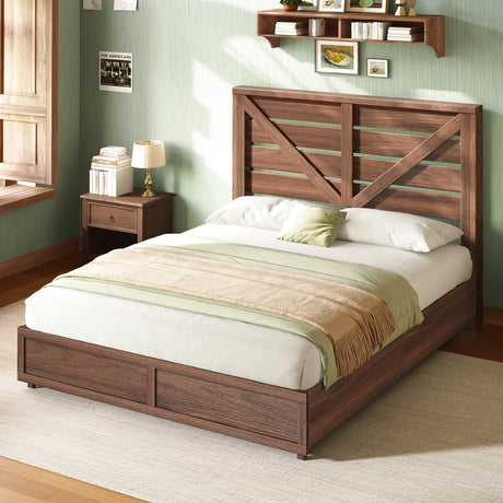 AMERLIFE Full Size Farmhouse Bed Frame with 4 Drawers, Wooden Storage Bed Frame with Headboard and Heavy Duty Metal Slats, Noisy Free, Easy Assemble, Rusric Brown AMERLIFE