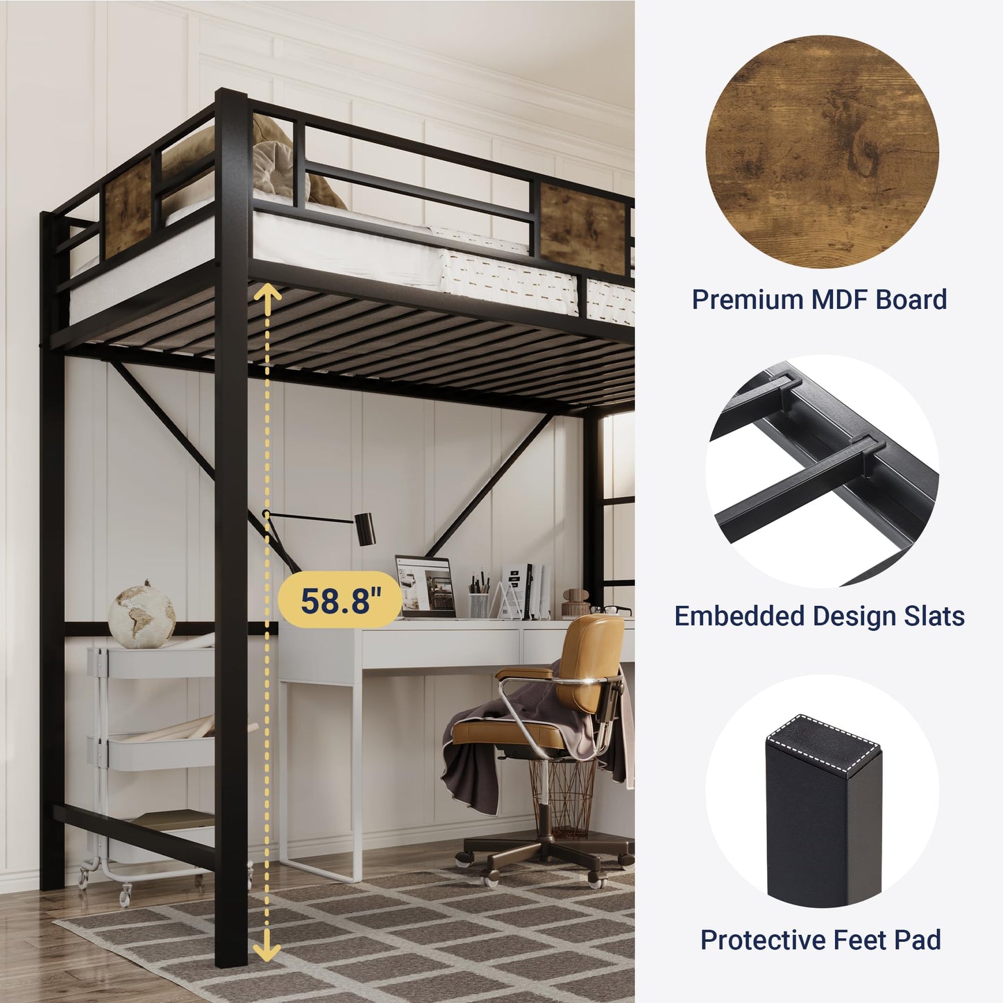 Allewie Metal Twin Size Loft Bed Frame with Stairs & Full-Length Guardrail, Space-Saving, No Box Spring Needed, Noise Free, Black