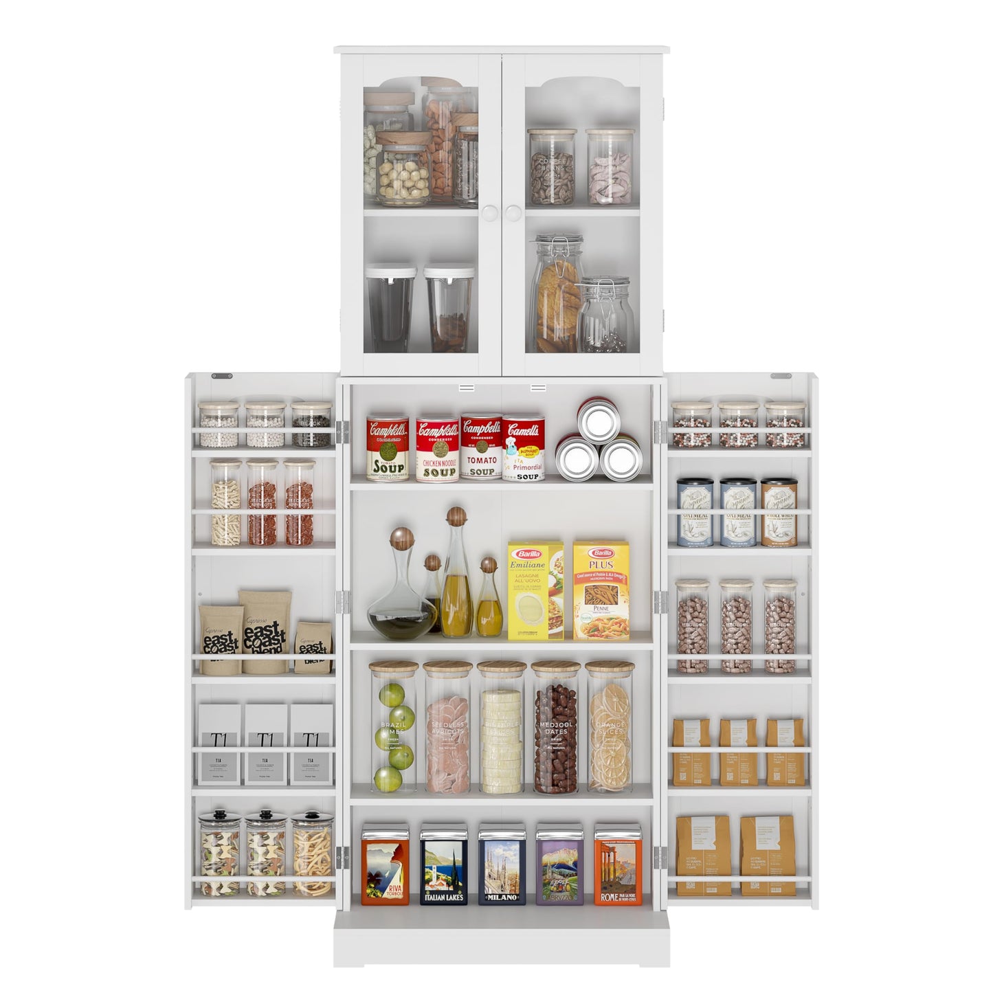 Function Home 64” Kitchen Pantry Cabinet, Freestanding Tall Cupboard with Glass Doors & Shelves, Floor Storage Cabinet for Kitchen, Living Room and Dinning Room in White