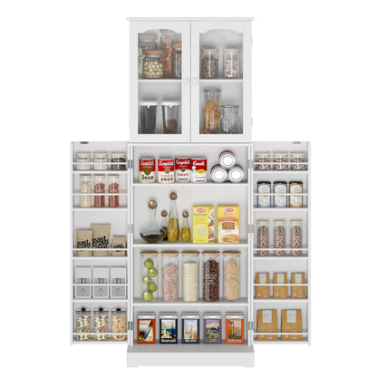 Function Home 64” Kitchen Pantry Cabinet, Freestanding Tall Cupboard with Glass Doors & Shelves, Floor Storage Cabinet for Kitchen, Living Room and Dinning Room in White