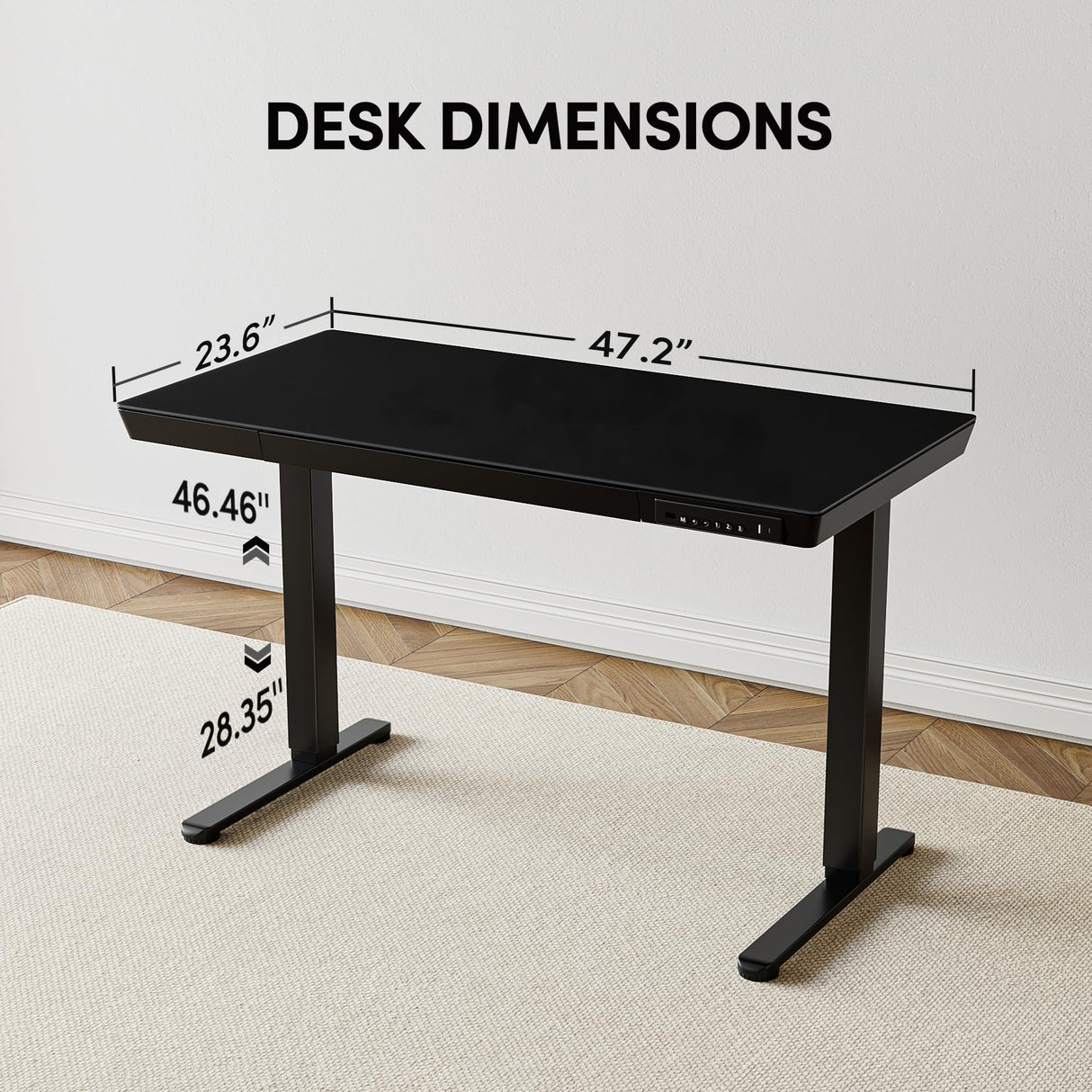 CubiCubi 48 × 24 Electric Standing Desk with Drawers, Whole-Piece Glass Adjustable Height Desk, One-Piece Quick Install Adjustable Sit Stand Desk, Black CubiCubi