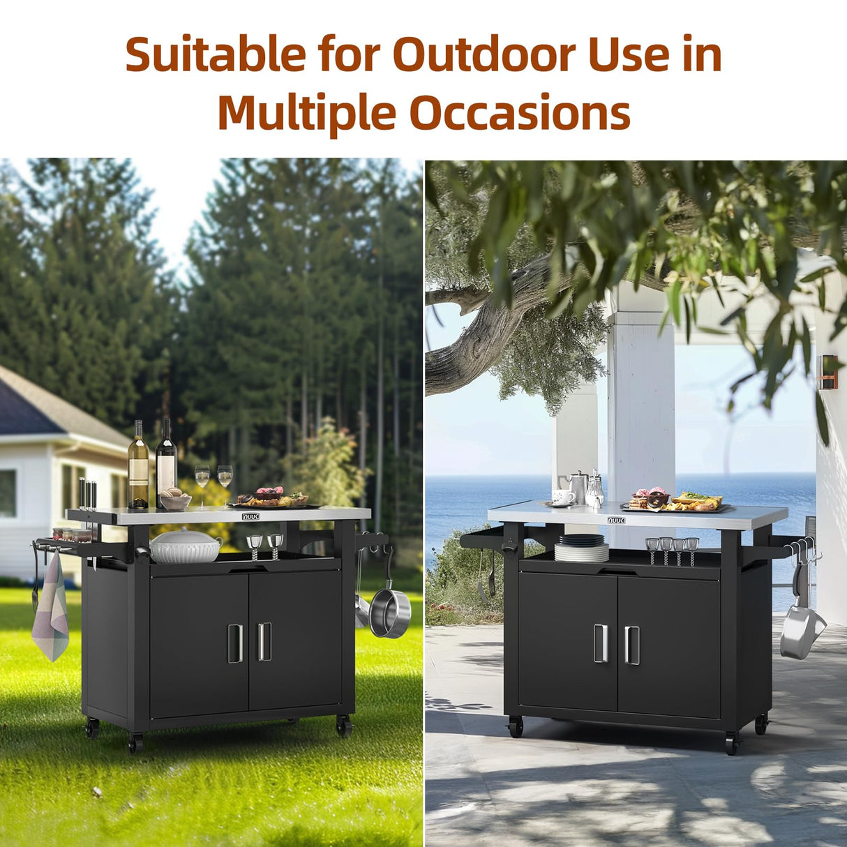 NUUK Outdoor Grill Cart with Storage Cabinet Metal Kitchen Island Prep Table with Movable Universal Wheels and Stainless Steel Top for Outside BBQ Backyard Include Hooks Spice Rack NUUK
