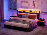 AOVSA Upholstered California King Bed Frame with Storage Headboard, Charging Station & LED Lights in Black AOVSA
