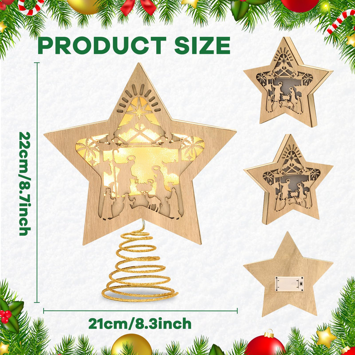 Nativity Christmas Tree Topper Lighted Star Tree Topper Treetop for Christmas LED 3D Nativity Theme Christmas Tree Decorations Wooden Treetop Xmas Tree Decor Ornaments Nativity Tabletop 10 X 8.5 in Justforjoyful