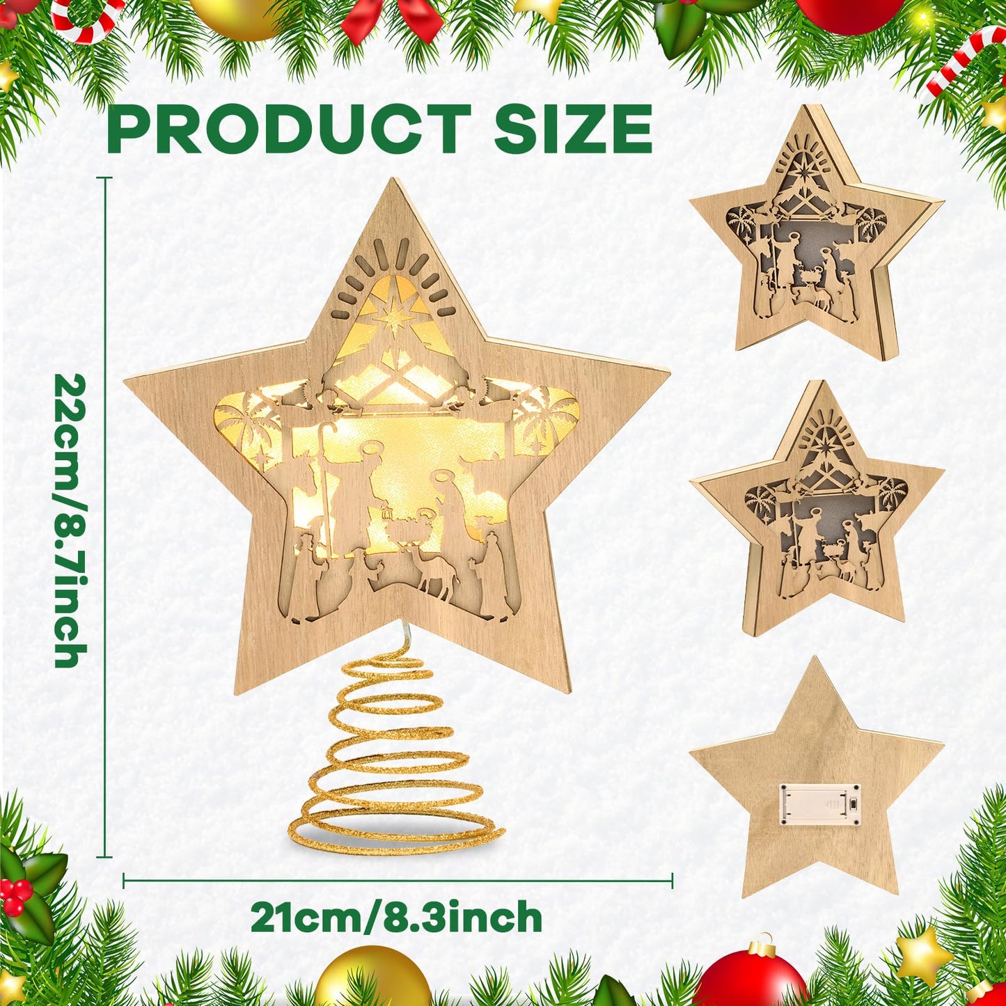 Nativity Christmas Tree Topper Lighted Star Tree Topper Treetop for Christmas LED 3D Nativity Theme Christmas Tree Decorations Wooden Treetop Xmas Tree Decor Ornaments Nativity Tabletop 10 X 8.5 in