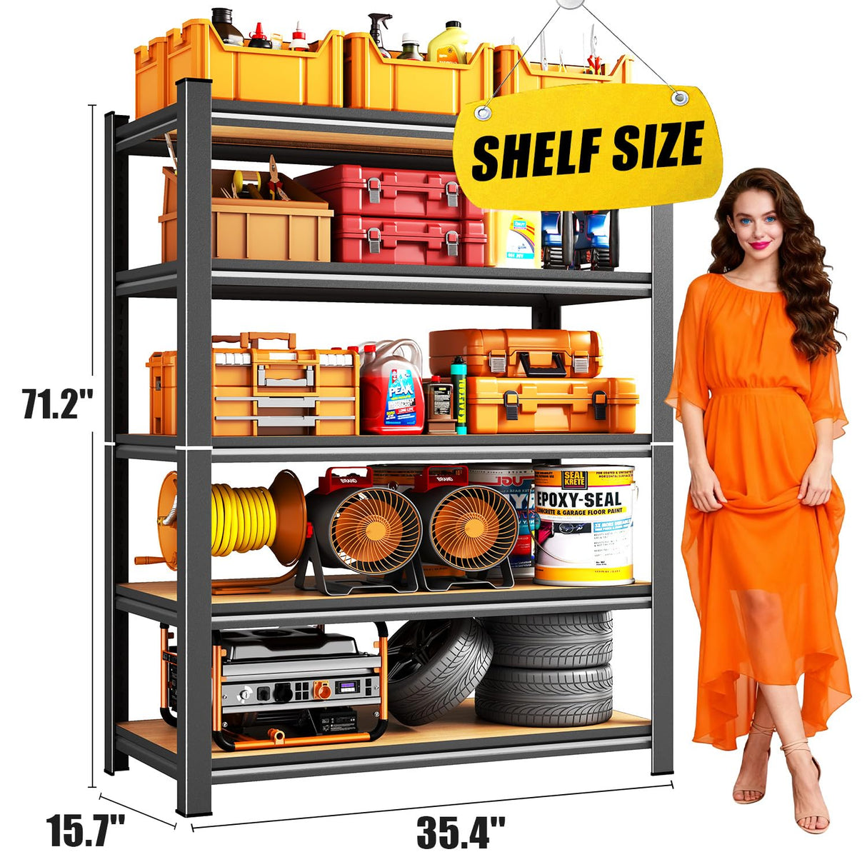 71.2''H Garage Shelving, 2500LBS Heavy Duty Shelvings, Adjustable Garag Storage Shelves, 5 Tier Metal Shelving Unit Wood Storage System Utility Storage Rack for Industrial, Warehouse, Basement KILISTEELS