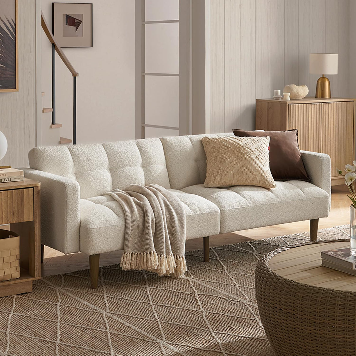 mopio Aaron Couch, Small Sofa, Futon, Sofa Bed, Sleeper Sofa, Loveseat, Mid Century Modern Futon Couch, Sofa Cama, Couches for Living Room, Bedroom (Pearl White, Boucle) mopio