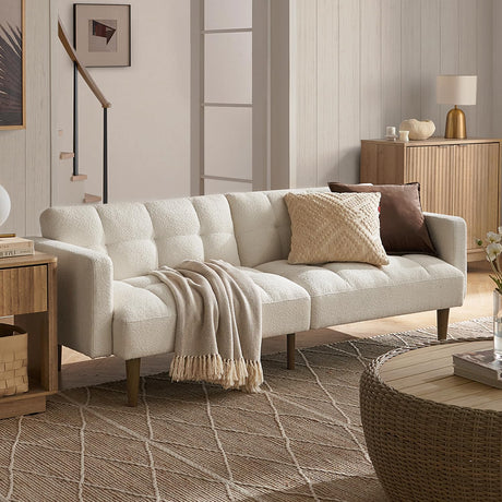 mopio Aaron Couch, Small Sofa, Futon, Sofa Bed, Sleeper Sofa, Loveseat, Mid Century Modern Futon Couch, Sofa Cama, Couches for Living Room, Bedroom (Pearl White, Boucle) mopio