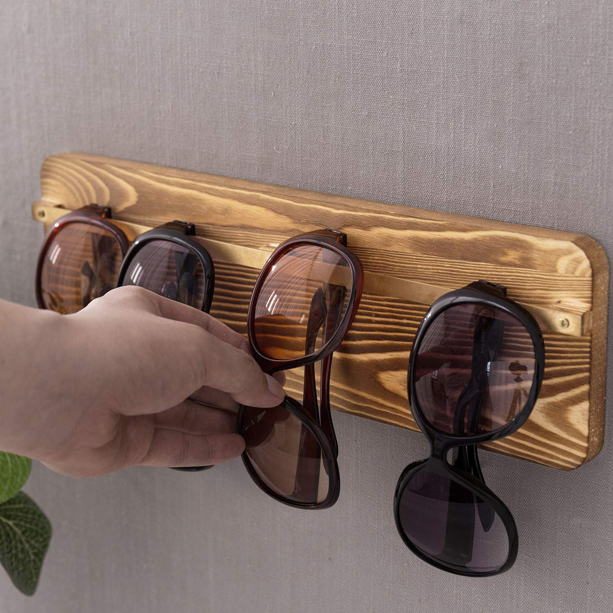 MyGift Burnt Wood Sunglasses Holder Organizer Wall Mounted Eyeglasses Display Rack with Brass Metal Hanging Rod MyGift