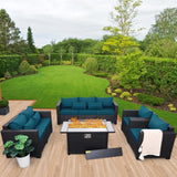 Rattaner Patio Furniture Set with 45In Fire Pit 5 Pieces Outdoor Furniture Sets Patio Couch Outdoor Chairs 60000 BTU Steel Propane Fire Pit Table No-Slip Cushions and Waterproof Covers, Peacock Blue Rattaner