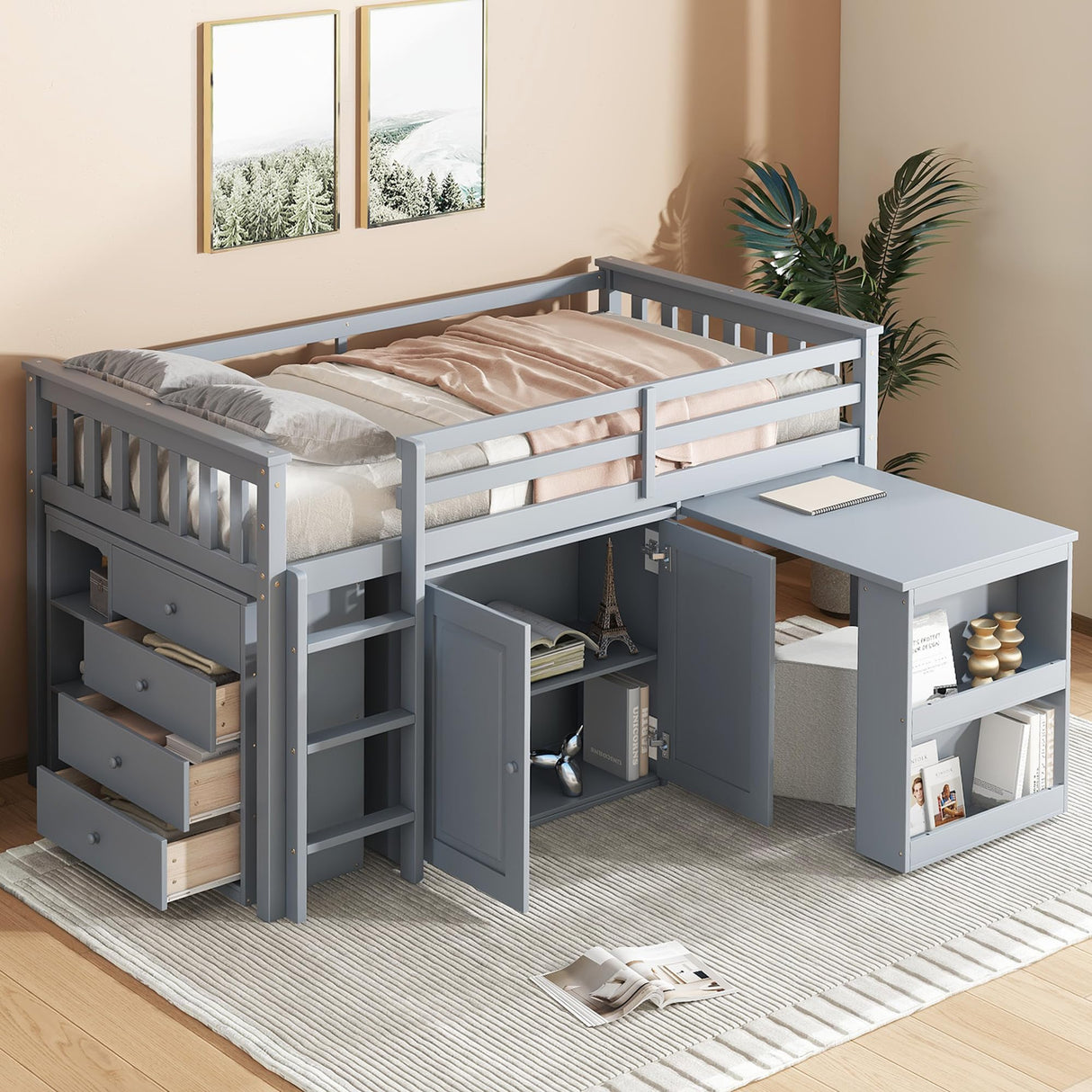 Low Loft Bed with Storage & Rolling Out Desk, Kids Twin Size Loft Beds with Cabinet & Drawers, Rubber Wood Junior Lofts Bed with Dresser/Ladder/Guardrails for Boys Girls Teens, Gray Duxelifin