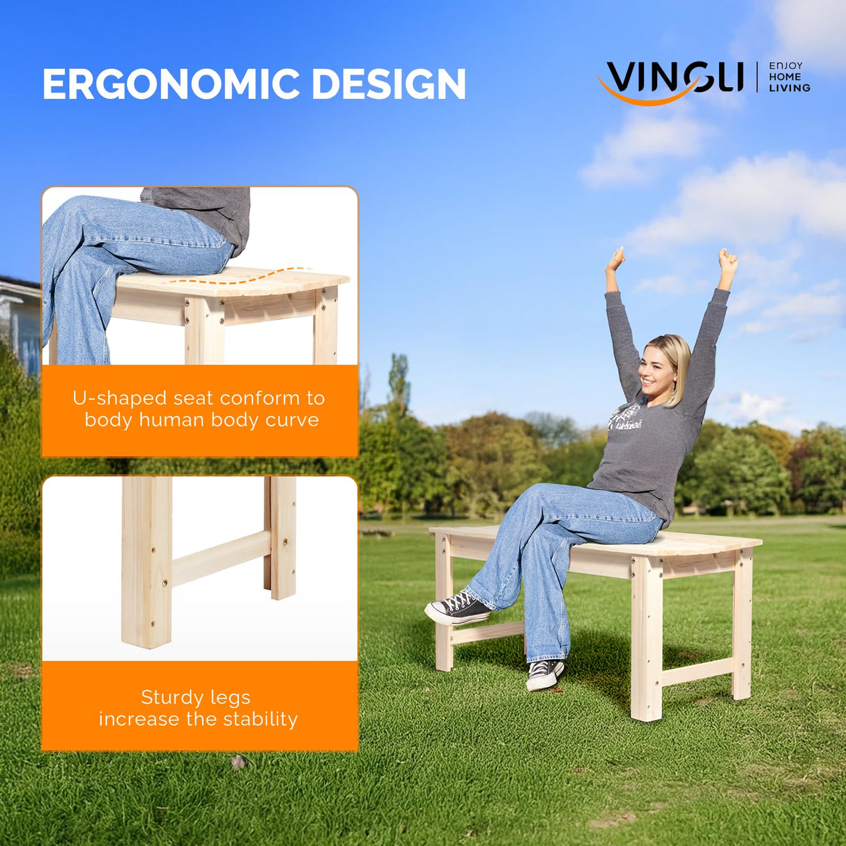 VINGLI Outdoor Wood Bench, 40" Outdoor Bench Patio Wooden Bench Garden Bench Outdoor Backless Bench for Deck Patio (Natural) VINGLI