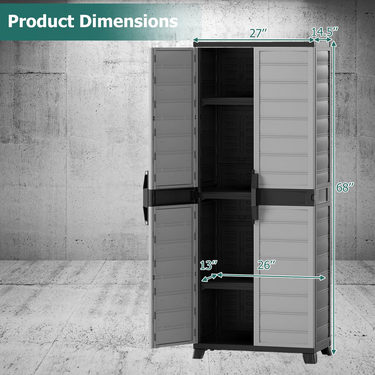 LOKO 68” Plastic Storage Cabinet, Vertical Storage Shelving Unit with Lockable Double Doors & Adjustable Shelves, Utility PP Garage Storage Organizer for Office, Basement and Laundry Room, Grey LOKO