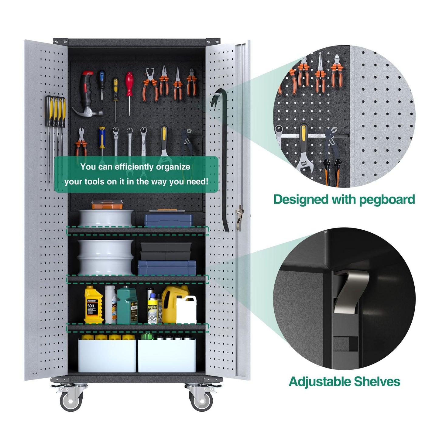 Reemoon Metal Storage Cabinet with Wheels and Pegboard, 71" Tall Garage Storage Cabinet with Shelves and Locking Doors, Rolling Tool Cabinet for Garage Home Office Utility Room-Required Assembly