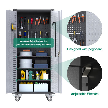 71" Pegboard Metal Garage Storage Cabinet with Wheels, Rolling Lockable Metal Tool Cabinet with Adjustable Shelves for Warehouse, Basement, Assembly Required