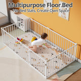 TURRIDU Twin Floor Bed for Child, Metal Montessori Bed Frame with Safety Guardrails & Door, Montessori Floor Bed Frame with Anti-Collision Cotton for Girls and Boys, No Box Spring Needed, White TURRIDU