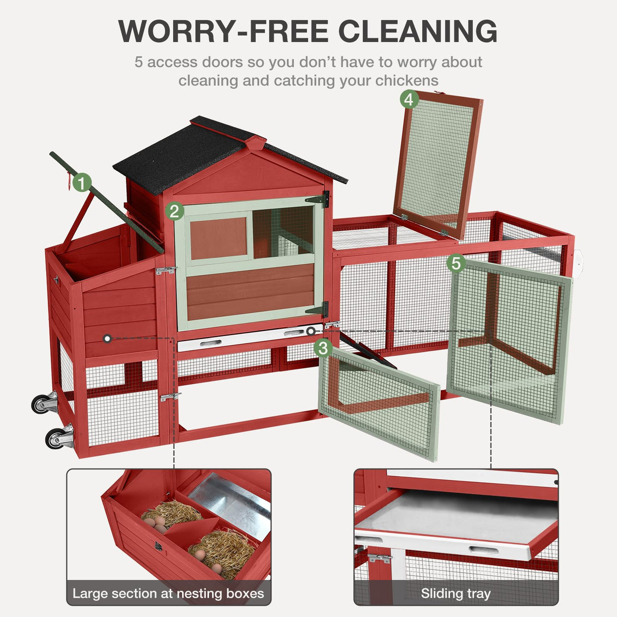 MEDEHOO Chicken Coop for Outdoor - Poultry Cage with Wheels, Nesting Box, Leakproof Pull-on Tray, and Asphalt Waterproof Roof - Red MEDEHOO