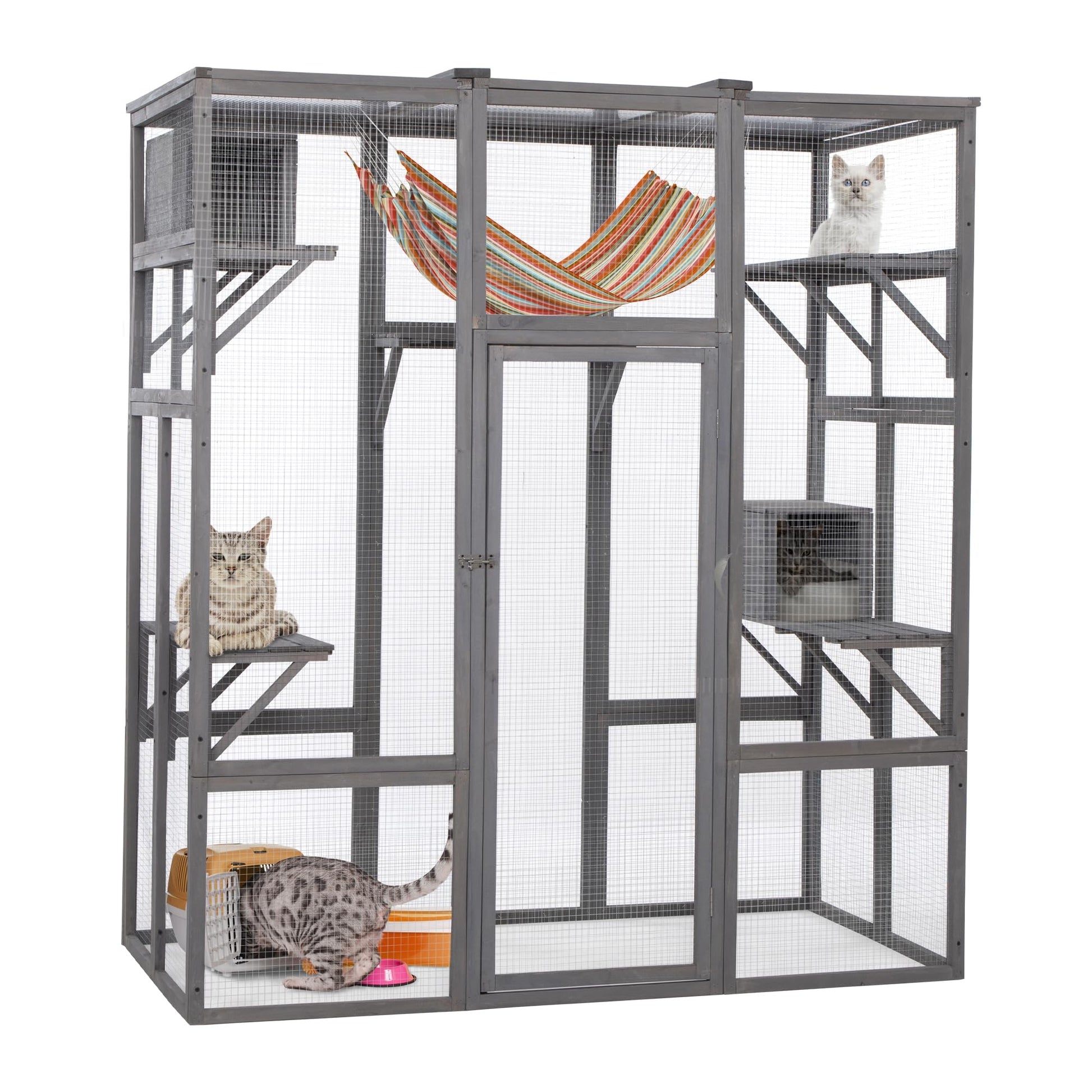 OELUBBY Large Cat Enclosure Wooden Cage Catio Pet Outdoor Playhouse Run House with Hiding Boxes and Solar Top, Pet Kennel Playpen with Jumping Activity Platforms 63'' x 33'' x 70'', Gray - WoodArtSupply