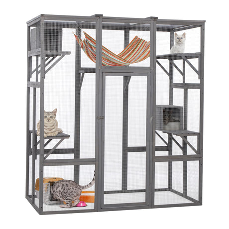 OELUBBY Large Cat Enclosure Wooden Cage Catio Pet Outdoor Playhouse Run House with Hiding Boxes and Solar Top, Pet Kennel Playpen with Jumping Activity Platforms 63'' x 33'' x 70'', Gray OELUBBY