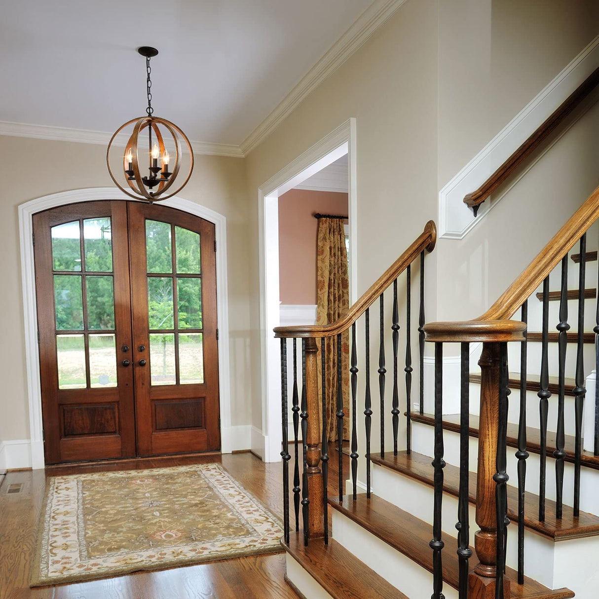 LOG BARN Farmhouse Chandeliers, Faux-Wood Globe Hanging 3-Light Fixture for Dining & Living Room, Bedroom, Foyer and Entryway LOG BARN