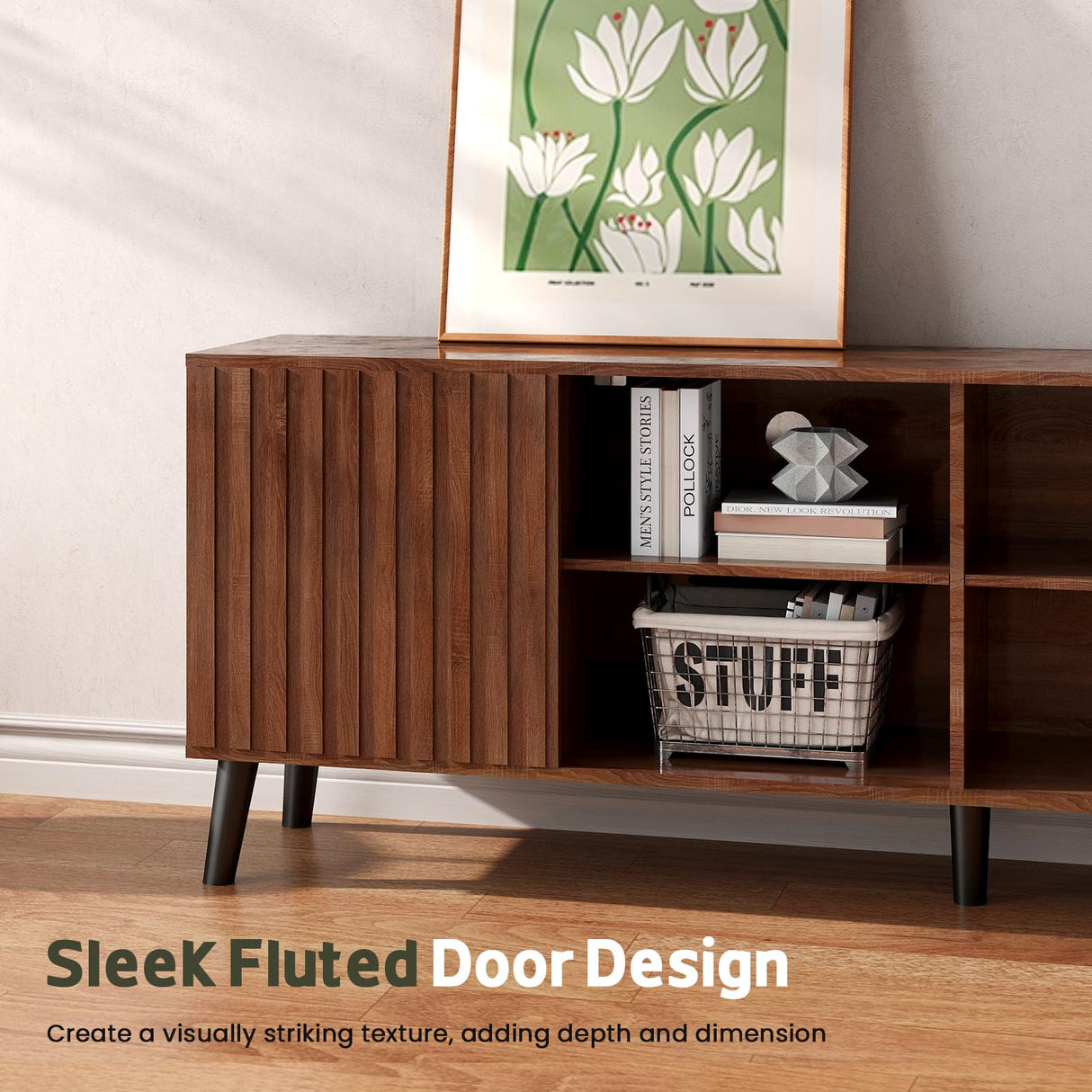 Lamtor Mid-Century Modern TV-Stand - Fluted TV Stand for 80 75 65Inch TV, Entertainment Center with Storage, Media Console with Adjustable Shelves for Living Room, Walnut Lamtor