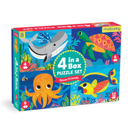 Mudpuppy Ocean Friends 4-in-a-Box Puzzle Set from Mudpuppy, Includes 4 Progressive Jigsaw Puzzles for Kids with 4-12 Pieces, Colorful Ocean Animal Illustrations, for Kids Ages 2+ Mudpuppy