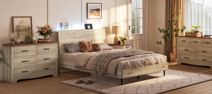 LINSY Ergonomic Queen Bed Frame with RGB Lights, Storage Headboard & Charger - Beige Farmhouse Design - WoodArtSupply